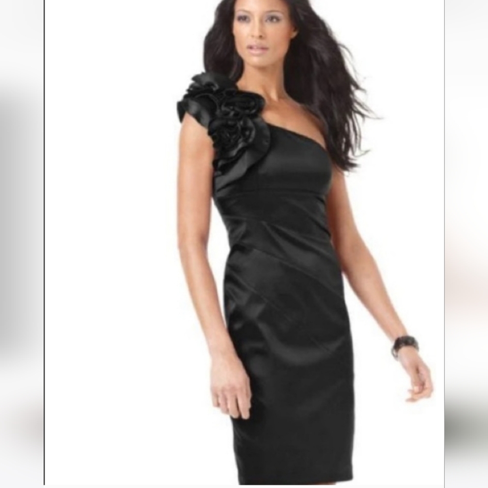 ADRIANNA PAPELL BOUTIQUE BLACK RUFFLE ONE SHOULDER SIZE 10 NEW